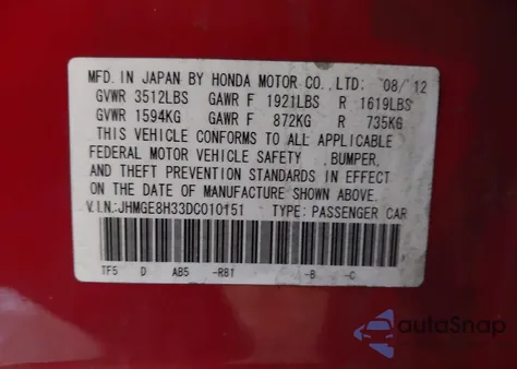 2013 Honda Fit из США, поврежденный, VIN JHMGE8H33DC010151